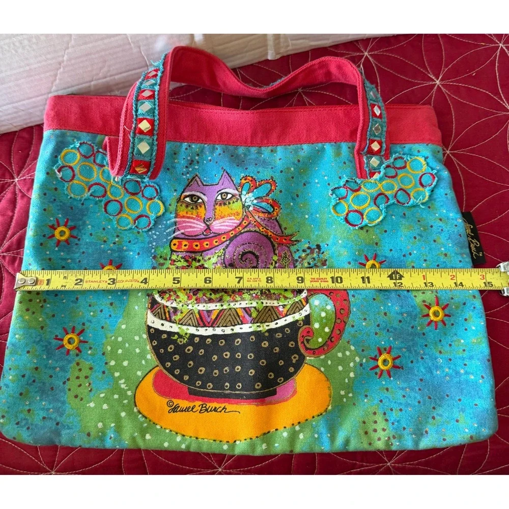 Laurel Burch Cat in Teacup Canvas Tote Bag Turquoise Red Mirror Straps Folk Art